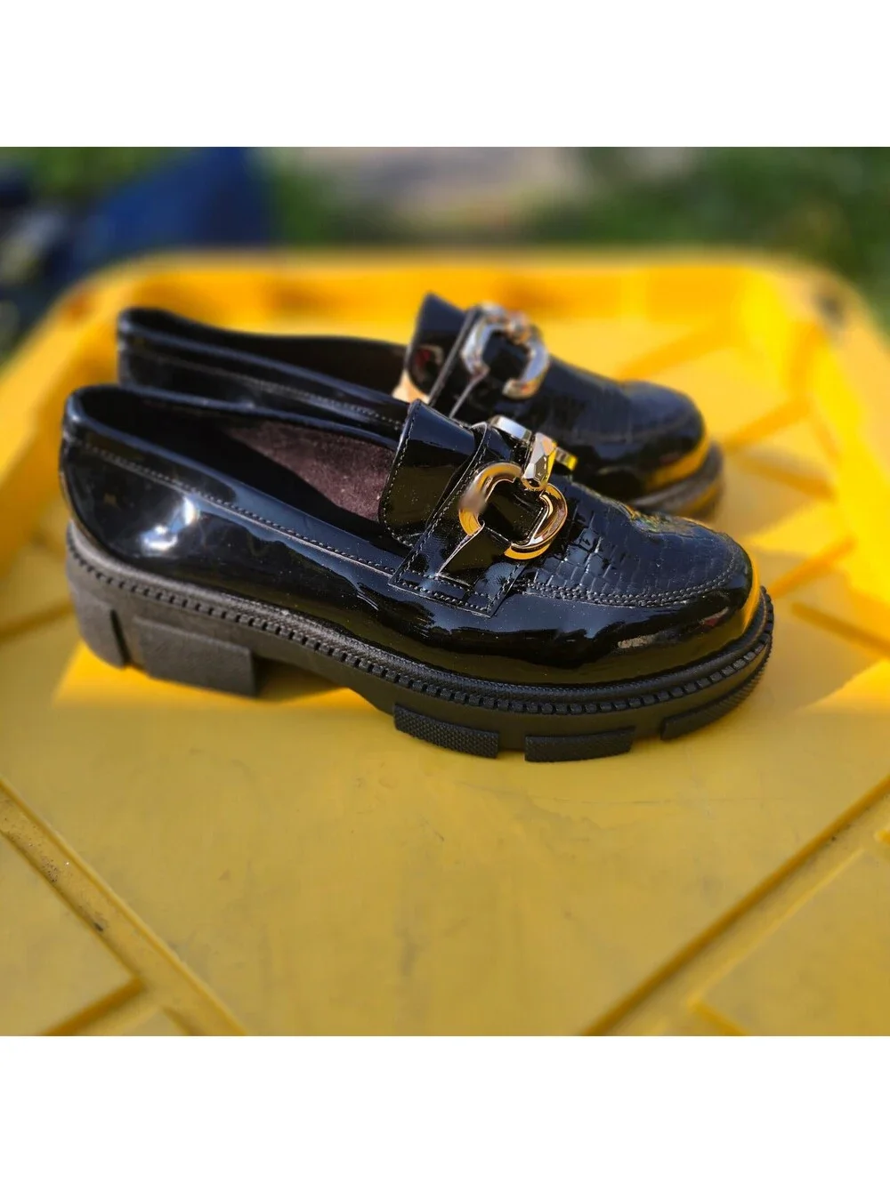 Black Patent Leather Chunky Loafers with Gold Buckle Detail